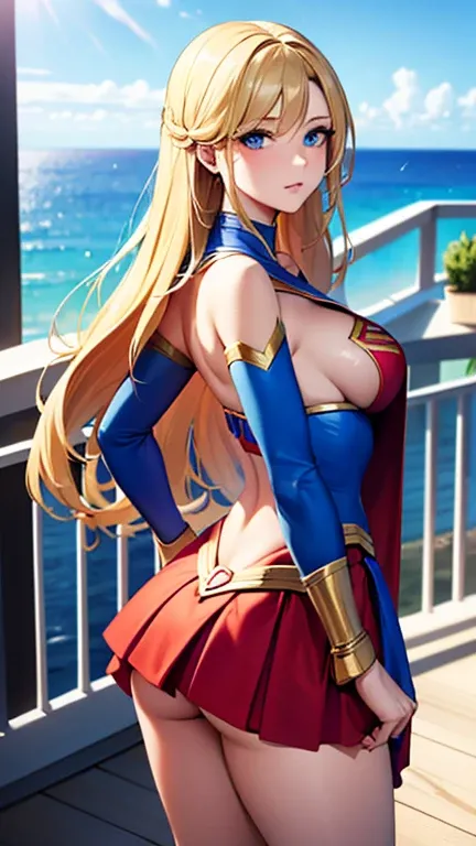 ((Best quality, Masterpiece, Nonsense)),1girll:1.9, Sexy, ( 18 years old, Expressive blue eyes, shoulder-length blonde hair, Long hair,Loose and fluffy hair),Dressed Supergirl cosplay (Super Girl Suite custom role-playing), Shortest red skirt,eechi, Terrac...