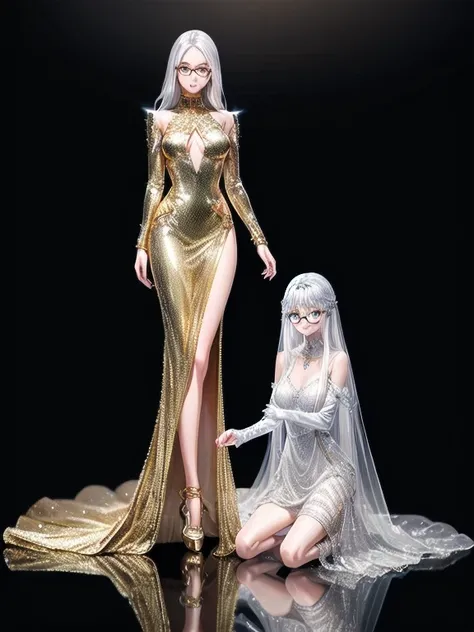 5 8K UHD, 
Two beautiful women with exposed internal skeletons in silver metallic bespectacled bodies kneeling,
 Gold and silver metal robot with transparent crystal glass exoskeleton,
 wear clear princess dress,
The face is a beautiful human face
