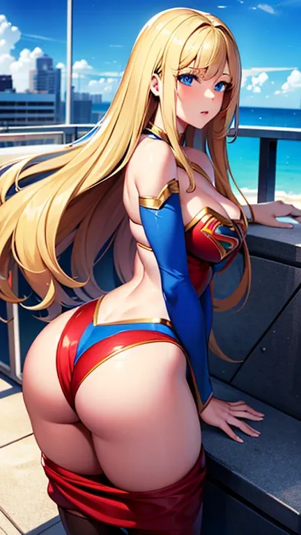 ((Best quality, Masterpiece, Nonsense)),1girll:1.9, Sexy, ( 18 years old, Expressive blue eyes, shoulder-length blonde hair, Long hair,Loose and fluffy hair),Dressed Supergirl cosplay (Super Girl Suite custom role-playing), Shortest red skirt,eechi, Terrac...