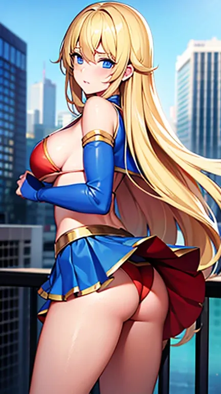 ((Best quality, Masterpiece, Nonsense)),1girll:1.9, Sexy, ( 18 years old, Expressive blue eyes, shoulder-length blonde hair, Long hair,Loose and fluffy hair),Dressed Supergirl cosplay (Super Girl Suite custom role-playing), Shortest red skirt,eechi, Terrac...