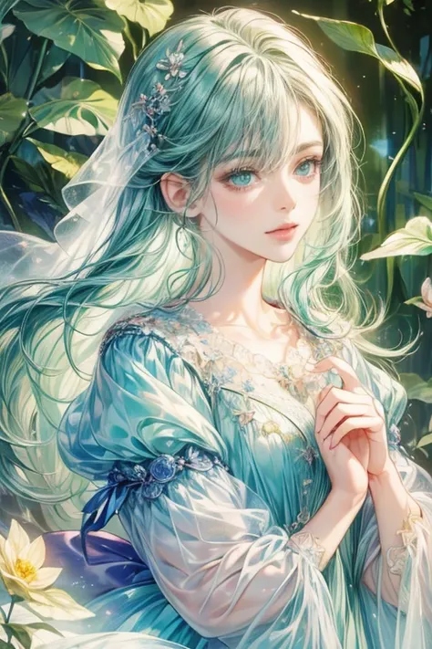 (highest quality:1.4),(masterpiece:1.4),Ultra-high resolution,8k,CG,(Exquisite:1.2),Upper body,1 girl,Lonely,Thumbelina,Little Princess,Blue taffeta coat dress,Forest Background,Detailed facial features,Almond Eyes,Detailed eye makeup,Long eyelashes,green ...