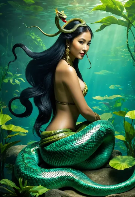 A Naga. A naga is a women, snake hybrid. Like a mermaid but instead of women and fish a naga is a women and a snake. No legs, just a long serpent tail.
