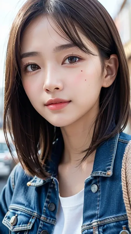 (((Shoulder-length straight brown hair mini bob)))、(((目が細くLight eye makeup)))、(((standing alone on the rider&#39;Jacket and denim against the backdrop of the alleys of Kabukicho at night.)))、(((Please come wearing clothes that cover your arms.)))、Half Japa...