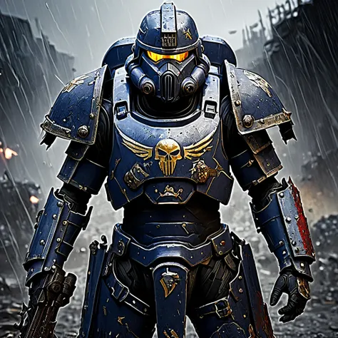 (best quality,4k,8k,highres,masterpiece:1.2),ultra-detailed,(realistic,photorealistic,photo-realistic:1.37),warhammer 40k, bloody, battered, Space marine, bruised, damaged armor, defiantly wielding a chain sword, grim determination on his face, intense bat...