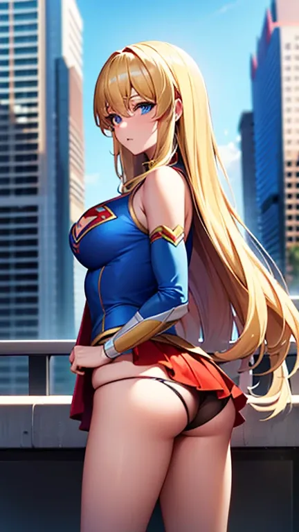 ((Best quality, Masterpiece, Nonsense)),1girll:1.9, Sexy, ( 18 years old, Expressive blue eyes, shoulder-length blonde hair, Long hair,Loose and fluffy hair),Dressed Supergirl cosplay (Super Girl Suite custom role-playing), Shortest red skirt,eechi, Terrac...