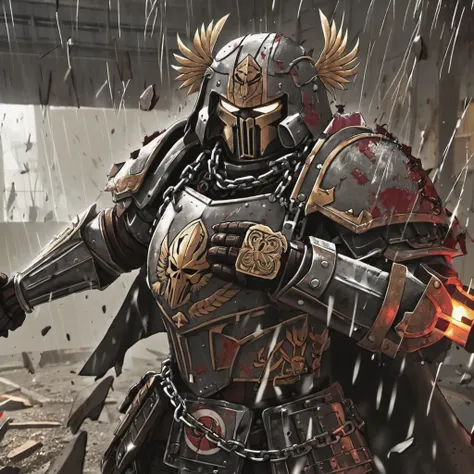 (best quality,4k,8k,highres,masterpiece:1.2),ultra-detailed,(realistic,photorealistic,photo-realistic:1.37),warhammer 40k, bloody, battered, Space marine, bruised, damaged armor, defiantly wielding a chain sword, grim determination on his face, intense bat...