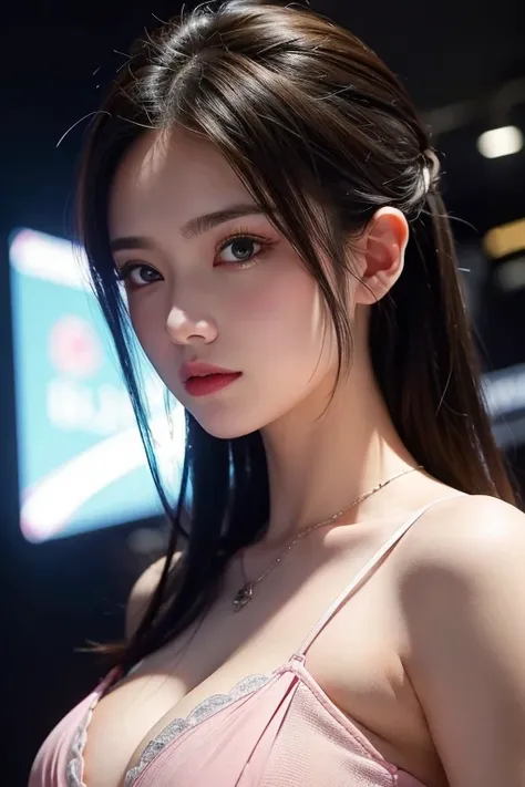 best quality, Masterpiece, Ultra high resolution, (realism: 1.4), original photo, 1 girl, pink open shoulder shirt, movie light