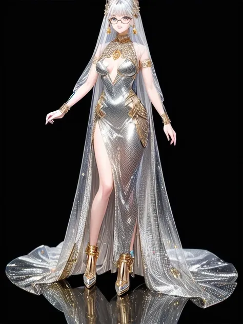 5 8K UHD, 
Two beautiful robot women with exposed internal skeletons in silver metallic bespectacled bodies kneeling,
 Gold and silver metal robot with transparent crystal glass exoskeleton,
 wear clear princess dress,
The face is a beautiful human face
