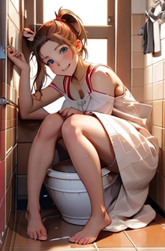 A Female robot is sleeping in bathtub, spread legs, nude, banzai pose. she wears no dress. She Brown short hair is tied with two big red clothespins, She lifts up the under hem of her white plain dress, leaning over, masterpiece, very short pigtails,brown ...