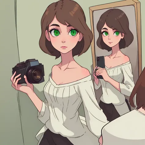 A slim woman with brown hair and green eyes taking pictures of herself. 