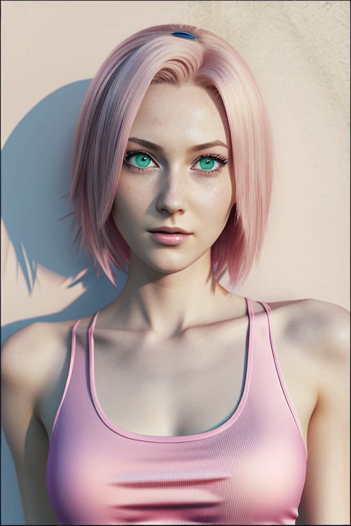 young woman, short shoulder-length pink hair, wide forehead, porcelain skin, pink eyebrows, big emerald green eyes, buttoned nose, full lips, heart-shaped face, slender body, small breasts, red tank top, Sakura Haruno , realistic, realism, details, 3d, wel...