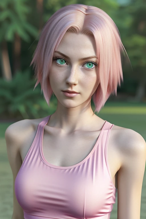 young woman, short shoulder-length pink hair, wide forehead, porcelain skin, pink eyebrows, big emerald green eyes, buttoned nose, full lips, heart-shaped face, slender body, small breasts, red tank top, Sakura Haruno , realistic, realism, details, 3d, wel...