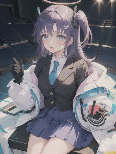 One girl, One girl, 一人in, tie, black_gloves, gloves, Sitting, blush, length_hair, chest, good, Jacket, Looking_in_Audience, purple_hair, skirt, Open_mouth