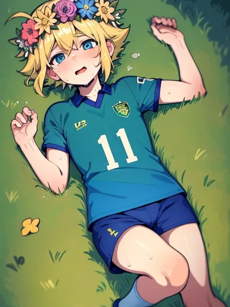 (best quality,4k,8k,highres,masterpiece:1.2),ultra-detailed,cute,blonde-haired boy with a head flower,green-haired boy with a he...