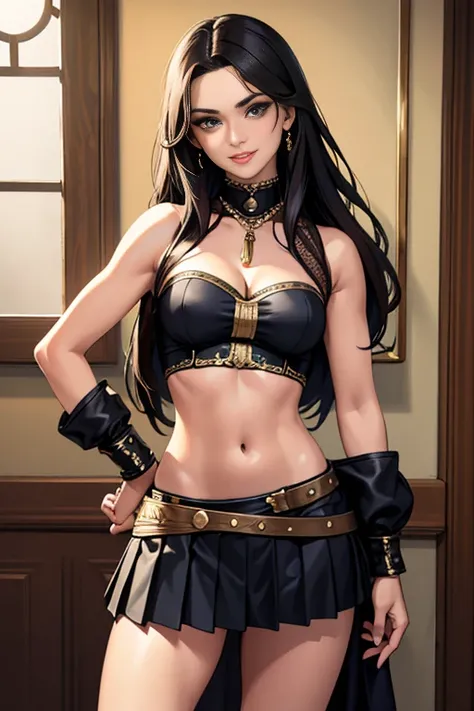 "((top-quality)), ((tmasterpiece)), (detaileds: 1.4), 3D realistic oil painting , The sexy and charming pirate woman smiled mischievously, Sexy Midriff, Slim waist, epaulette, Seductive cleavage, pleated mini skirt, sharp detailed, Frivolous and shameful, ...