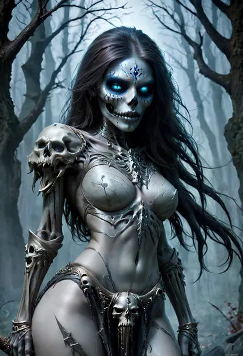 True death, death invarnate, skeletal face, undead head, gorgeous seductive body, seductive pose,