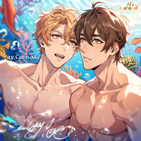 absurdres, highres, ultra detailed, HDR, master piece, best quality, Quincy, blond messy hair, expressive orange eyes, Nu Carnival, Eiden, brown hair, expressive brown eyes, 2men together, gay couple, handsome, bare chest, underwater, fish, coral, bubbles