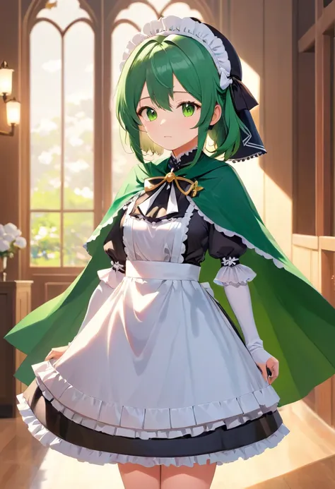 masterpiece, best quality, 1girl, solo, nahida_genshin, cross-shaped pupils, maid outfit, green cape, standing