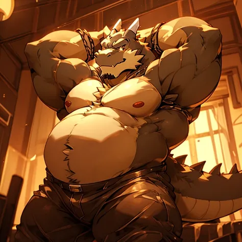 Godzilla, bara, big belly, musclegut, hands behind head, masculine, furry, scalie, low angle.