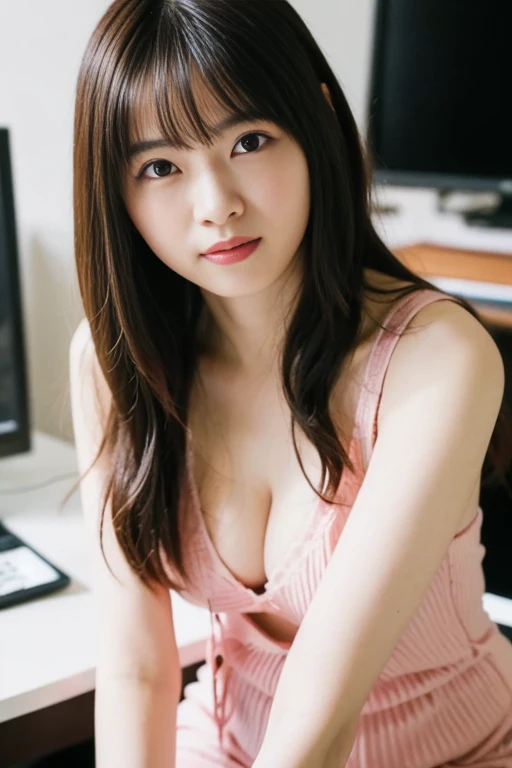 ((highest quality, 16k, masterpiece :1.3)), 1 girl, smile, whole body, Big Breasts、Beautiful woman, (Wavy long hair), Colorful tight onesie with small floral print:1.1, Highly detailed face, Beautiful Eyes, double eyelid, Dolly makeup with red around the e...