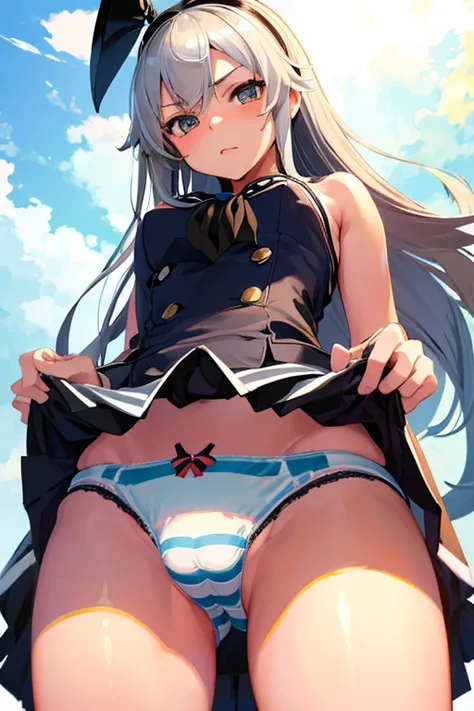 masterpiece, best quality, ultra detailed, ((striped panties)), (cowboy shot, crotch is close-up:1.2, ground-level, from below, mini skirt, KanColle Shimakaze, from front),