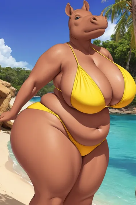 360cm tall + 46 year old + anthropomorphic hippo + bikini top + bikini bottoms + fat huge body, with massive hips, and a perfect fat ass + massive breasts