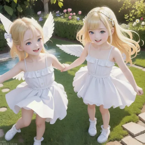 (masterpiece, highest quality, Highest image quality,photorealistic, Raw photo)a girls,(girl is angel),((girl with angels wing,angel halo floats above her head),blonde hair,very happy smile,mouth open,(skirt lift,showing white panty,low leg panty),strong w...