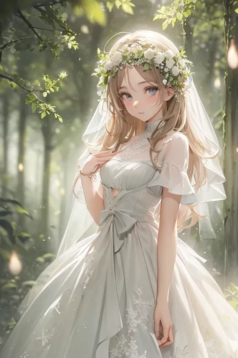 (Head to toe shot, Artistic angle: 1.6)、Portrait of a Bride, A-line ruffles and delicate floral embroidery..The Hobbit Wedding. Chapel in the forest. wood々The sunlight shining through the gaps illuminates the bride.、Creates a fantastic atmosphere. The Hobb...