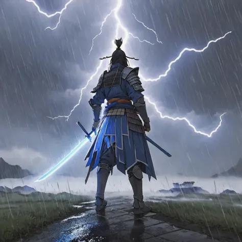 A samurai warrior dressed for battle wields a lightning charged blue sword, it is a dreary rainy battlefield