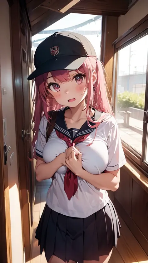 mastute piece,Best Quality,insanely detailed,8k cg,
shoot upper body,
1girl,standing,body in front,looking at viewer,(school uniform:1.3,serafuku,baseball cap),
blush,shy,(trembling:1.2),pink hair,break,open mouth,large breast,stadium,