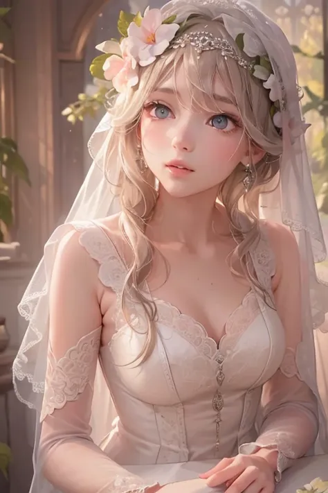 (Head to toe shot, Artistic angle: 1.6)、Portrait of a Bride, A-line ruffles and delicate floral embroidery..The Hobbit Wedding. Chapel in the forest. wood々The sunlight shining through the gaps illuminates the bride.、Creates a fantastic atmosphere. The Hobb...