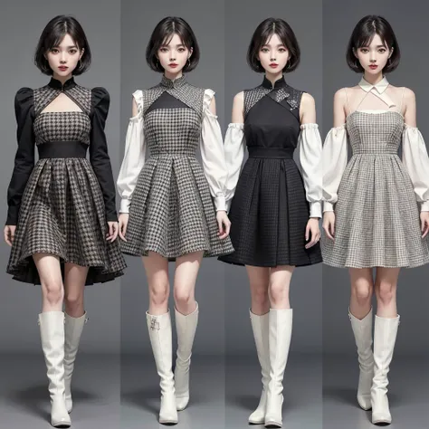 Standing in front of the viewer、masterpiece、Very detailed、Surreal、Watercolor and ink painting、high waist、Brown and dark brown houndstooth A-line dress、Dark piping、Puff sleeves、Super detailed、super beautiful、white straight short hair、Knee-high boots、Young w...