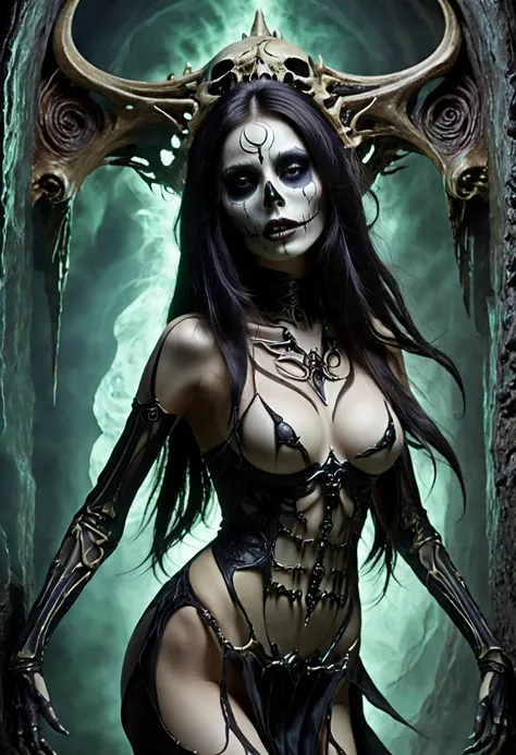 True death, death invarnate, skeletal face, undead head, gorgeous seductive body, seductive pose,