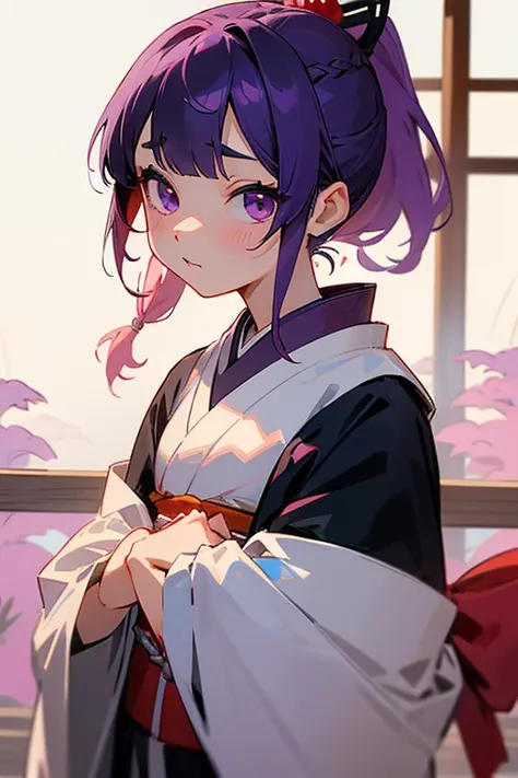 beauty、Clean your eyes、Sharp eyes、The Taisho Period in Japan、Behead、ponytail、cute、Pink Hair、cute髪飾り、Braiding、Purple eyes、Clothing in the early Showa period、white、black、Red Kimono、