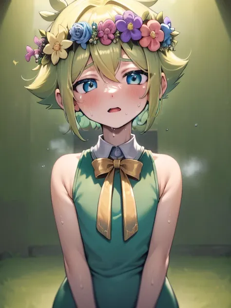 (best quality,4k,8k,highres,masterpiece:1.2),ultra-detailed,cute,blonde-haired boy with a head flower, small cock,green-haired boy with a head wreath, sweat, teen, penis, thicc, 