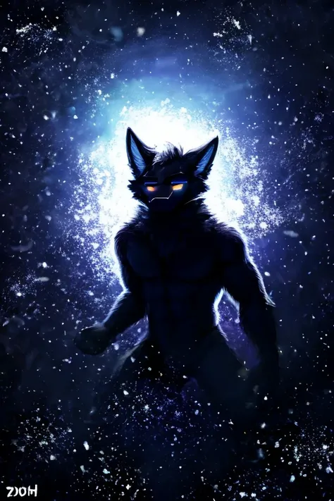 , (((black space entity flooting in space with black smoke and particles coming off of him space entity fur))) , big chest, day,...