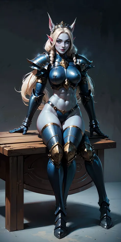 full body sitting on a bench showing ass to me, BLUE breastplate, BLUE skin (1girl)(BLUE skin:1.2), looking at viewer, shiny, armor, thigh highs, high boots, pauldrons shoulder armor, faulds, poleyn, gloves, gauntlets, rerebrace armored boots, (masterpiece...