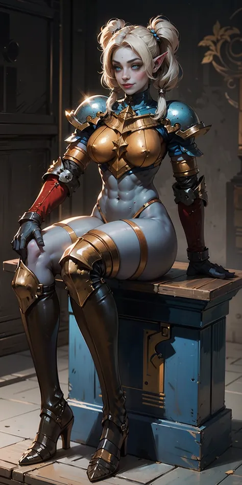 full body sitting on a bench showing ass to me, BLUE breastplate, BLUE skin (1girl)(BLUE skin:1.2), looking at viewer, shiny, armor, thigh highs, high boots, pauldrons shoulder armor, faulds, poleyn, gloves, gauntlets, rerebrace armored boots, (masterpiece...