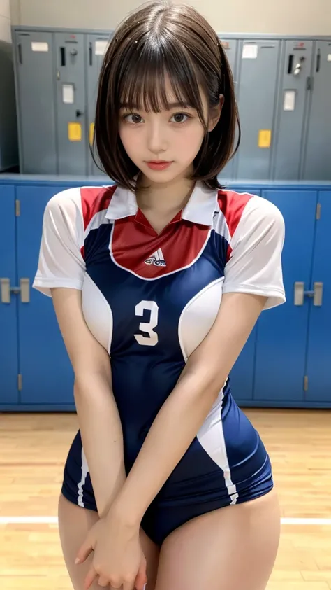 muste piece, best quality, illustration, Super detailed, fine details, High resolution, 8K,wall paper, perfect dynamic composition,(Details High quality, realistic depiction of eyes:1.3), (short hair volleyball player, Volleyball Uniforms), Tight clothes, ...