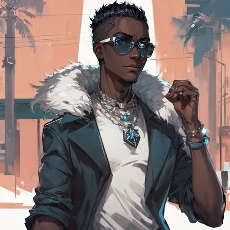 dark skin teenager wearing fancy glasses with dark turquoise frames, black fur-trimmed coat over a dress shirt, and a beaded necklace. trigger anime artstyle, [[[[grinning evily]]]], portrait of ((mischievous)), , male anime character, young anime man, ins...