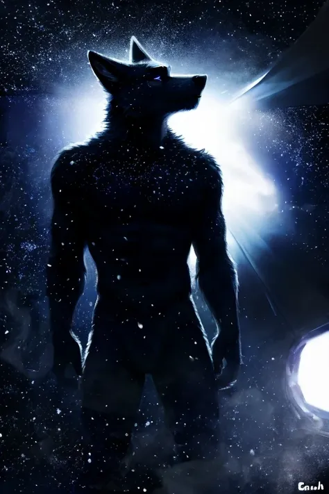 , (((black space entity flooting in space with black smoke and particles coming off of him space entity fur))) , big chest, day,...