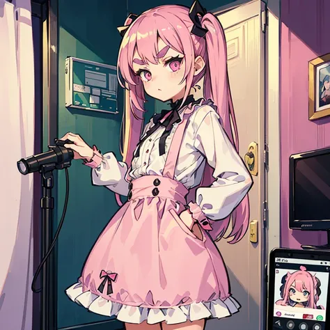 Girls with pink hair, long double-tailed hairstyle, ((small pink bushy eyebrows)), dressed in lolita clothes, marked vagina, lolicon (Zankuro) drawing style by zankuro artist, Zancro style, image uploaded to R34, changing of clothes in a room, hidden camer...