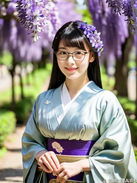 4K、highest quality、High resolution、Photorealistic、Black Hair Long Princess Cut Hair、Cute realistic Japanese 15 year old girl、Looking at the camera、A park with wisteria blooming during the day, Wearing a beautiful and elegant kimono, Very large breasts,  Al...