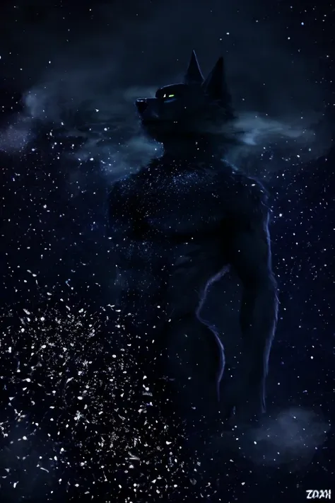 , (((black space entity flooting in space with black smoke and particles coming off of him space entity fur))) , big chest, day,...