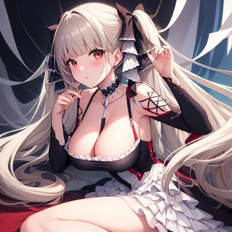 (masterpiece, best quality1.2),illustration,8k,hd,1girls,solo,hand up,(portrait:1.2),long_hair,large_breasts,red_eyes,very_long_hair,bangs,twintails,ribbon,grey_hair,cleavage,hair_ribbon,two-tone_ribbon,between_breasts,black_dress,dress,frills,bare_shoulde...