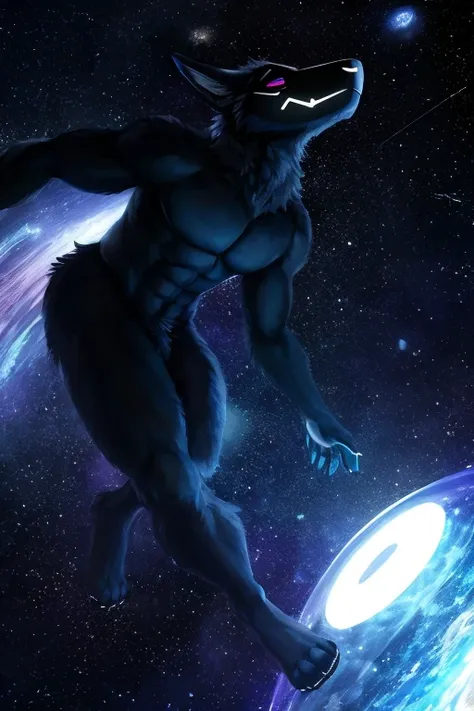 , (((black space entity flooting in space with black smoke and particles coming off of him space entity fur))) , big chest, day, sexy, sensual, detailed, uploaded to e621, beautiful and detailed portrait of an anthropomorphic white fur protogen, (((male ))...