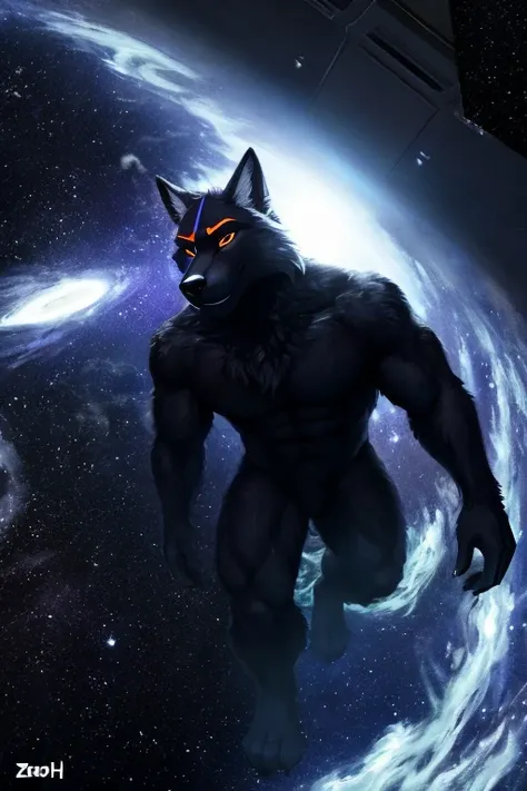 , (((black space entity flooting in space with black smoke and particles coming off of him space entity fur))) , big chest, day,...