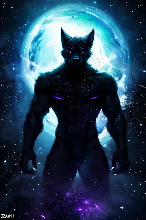 , (((black space entity flooting in space with black smoke and particles coming off of him space entity fur))) , big chest, day,...