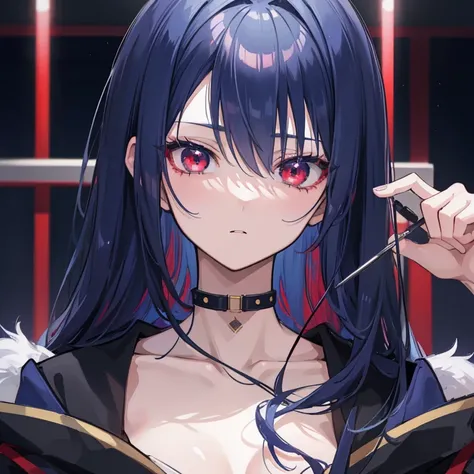 Navy Blue Hair, Hair that falls over the shoulders, Red eyes, yandere, anime, anime style, Cinema Lighting, 8k, Super Detail, masterpiece, Super Detail, high quality, high quality, Attention to detail, 最high quality, High resolution, 4K