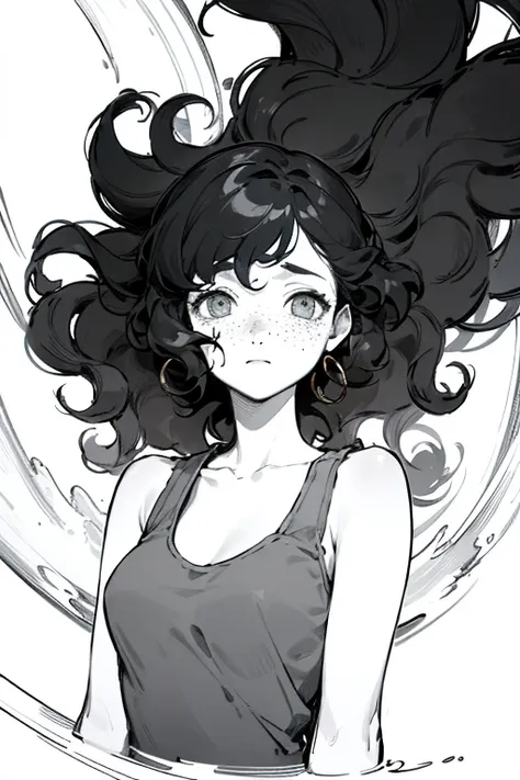 ((highest quality)), ((masterpiece)), (be familiar with), Perfect Face、Girl、Line art、Anime Style、Black tank top、Show the whole body、draft、Monochrome、Long Hair、Black Hair、cool、Calm、jeans、Very droopy eyes、upright、freckles、peek、Extremely curly hair、Curly hair...